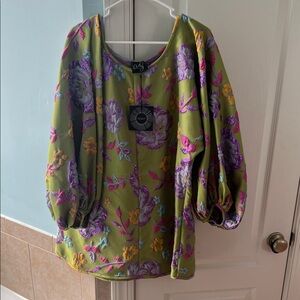 Arianna Elmy Olive Green Floral Puff-Sleeve Good Luck Dress